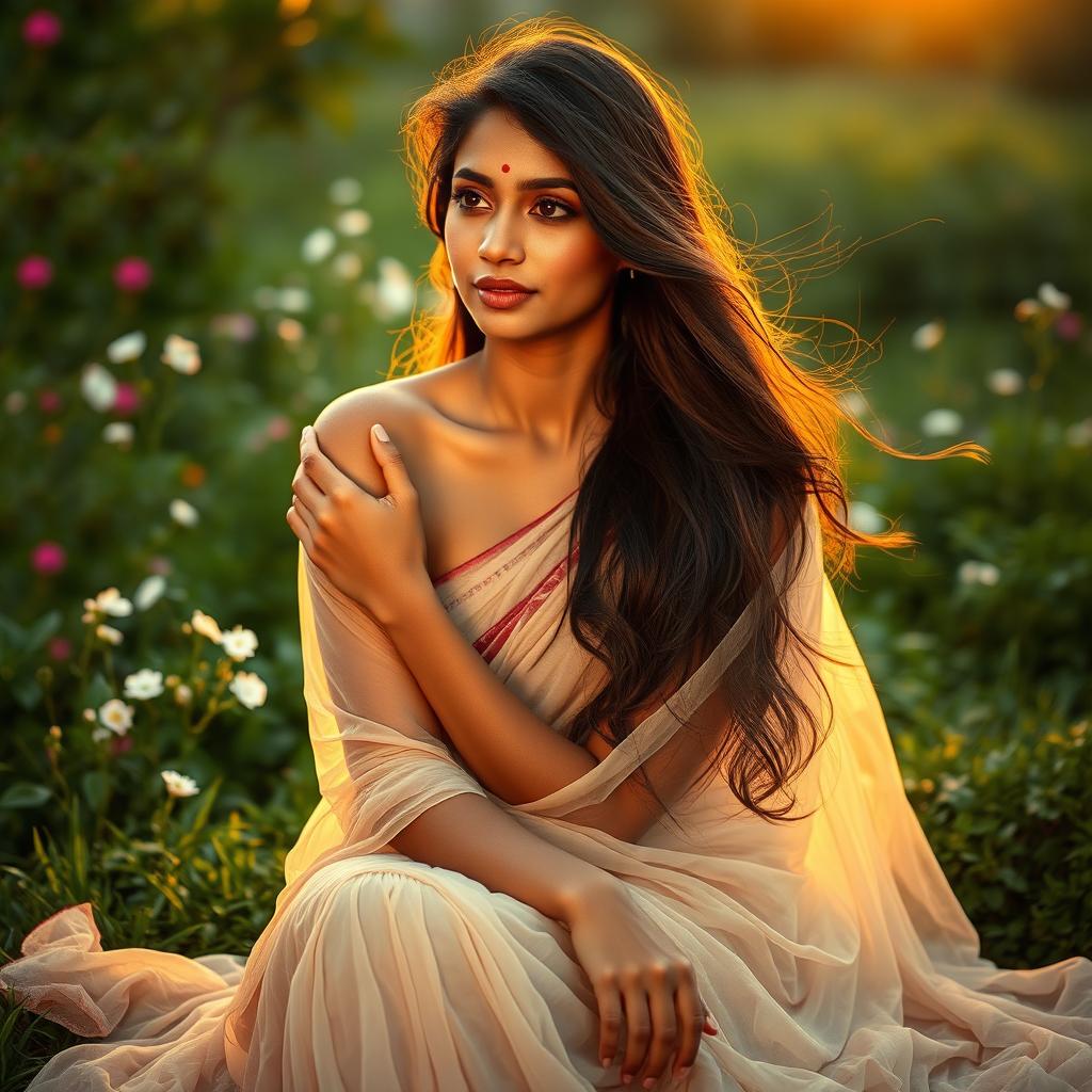 A beautiful Indian woman sitting elegantly in a serene natural landscape, such as a lush green garden with blooming flowers