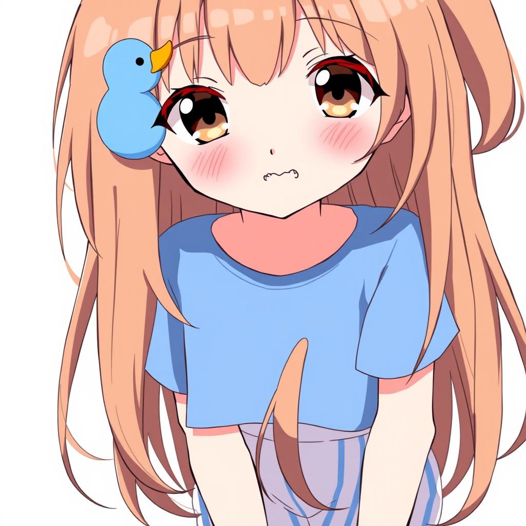 Anime-style illustration of a girl with loose brown hair, accented by a blue duck hair clip