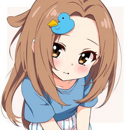 Anime-style illustration of a girl with loose brown hair, accented by a blue duck hair clip