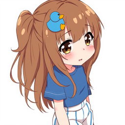 Anime-style illustration of a girl with loose brown hair, accented by a blue duck hair clip