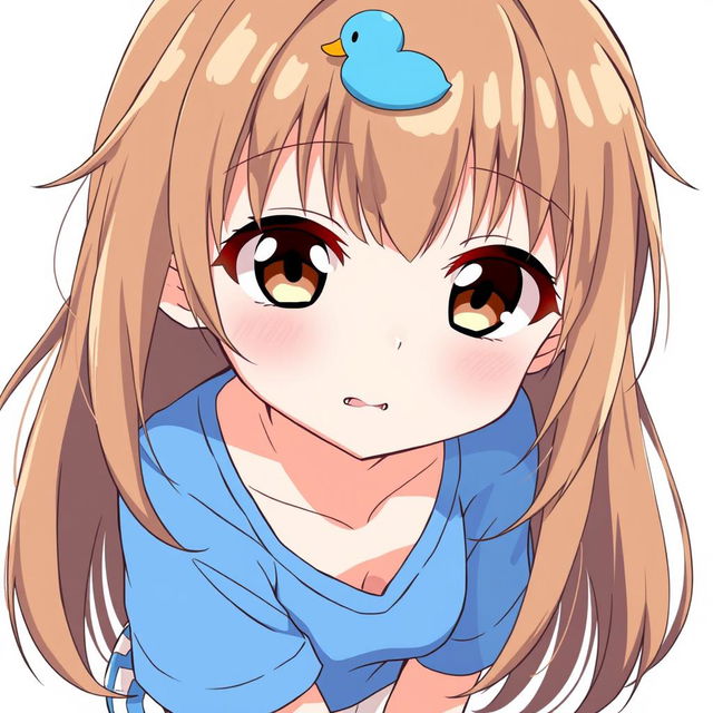 Anime-style illustration of a girl with loose brown hair, accented by a blue duck hair clip