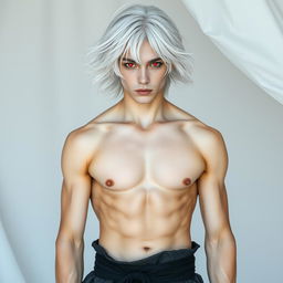 A young man with striking red eyes and black sclera, his medium-length platinum white hair flowing freely