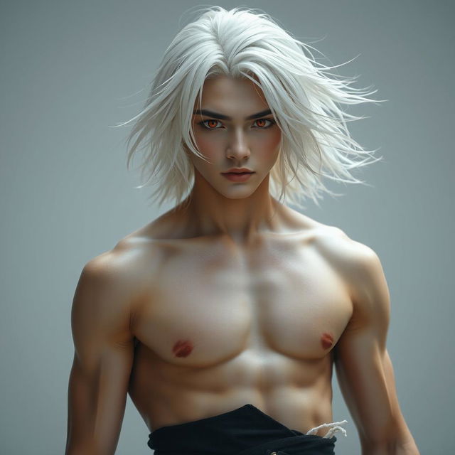 A young man with striking red eyes and black sclera, his medium-length platinum white hair flowing freely