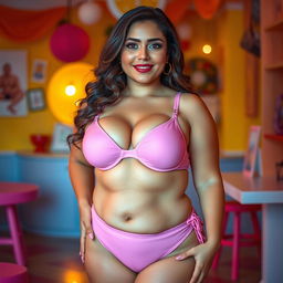 A voluptuous woman wearing a small pink bra and small pink bikini, set in a playful and vibrant atmosphere