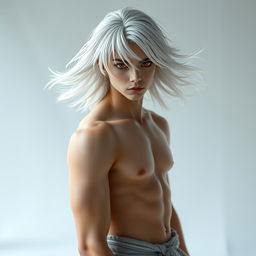 A young man with striking red eyes and black sclera, his medium-length platinum white hair flowing freely