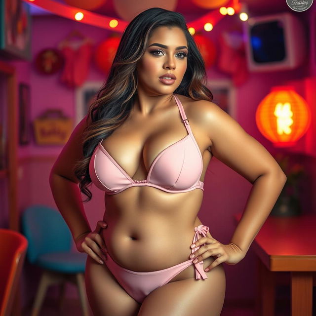 A voluptuous woman wearing a small pink bra and small pink bikini, set in a playful and vibrant atmosphere