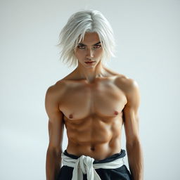 A young man with striking red eyes and black sclera, his medium-length platinum white hair flowing freely