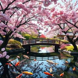 An elegant Japanese tea garden surrounded by cherry blossom trees in full bloom