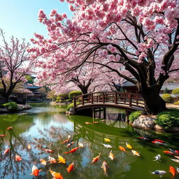 An elegant Japanese tea garden surrounded by cherry blossom trees in full bloom