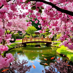 An elegant Japanese tea garden surrounded by cherry blossom trees in full bloom