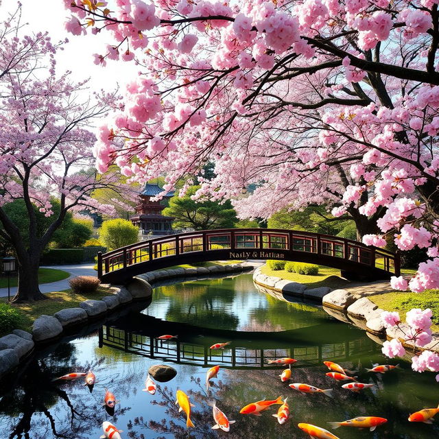 An elegant Japanese tea garden surrounded by cherry blossom trees in full bloom