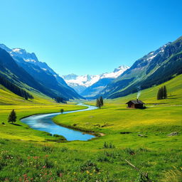 A serene landscape of a lush, green valley surrounded by towering mountains with snow-capped peaks under a clear blue sky