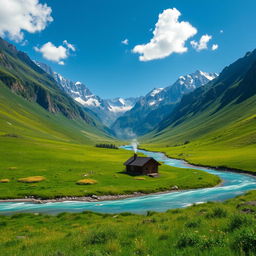 A serene landscape of a lush, green valley surrounded by towering mountains with snow-capped peaks under a clear blue sky