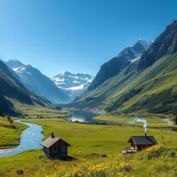 A serene landscape of a lush, green valley surrounded by towering mountains with snow-capped peaks under a clear blue sky