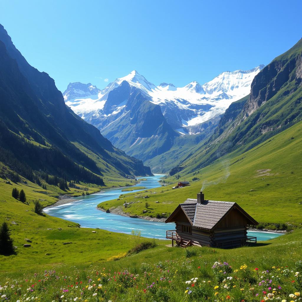 A serene landscape of a lush, green valley surrounded by towering mountains with snow-capped peaks under a clear blue sky