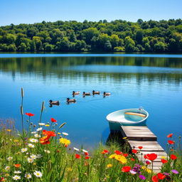 A serene landscape showcasing a tranquil lake reflecting the clear blue sky