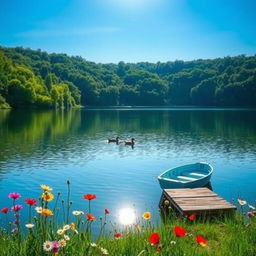 A serene landscape showcasing a tranquil lake reflecting the clear blue sky