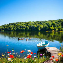 A serene landscape showcasing a tranquil lake reflecting the clear blue sky