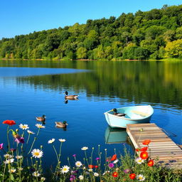 A serene landscape showcasing a tranquil lake reflecting the clear blue sky