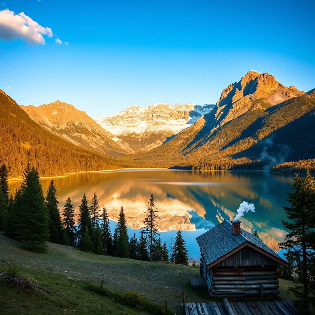 A serene landscape with towering mountains in the background, a crystal-clear lake reflecting the sky, and lush green forests