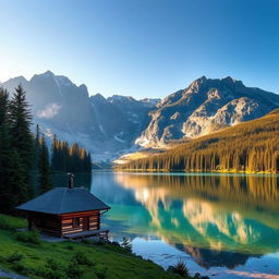 A serene landscape with towering mountains in the background, a crystal-clear lake reflecting the sky, and lush green forests