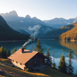 A serene landscape with towering mountains in the background, a crystal-clear lake reflecting the sky, and lush green forests