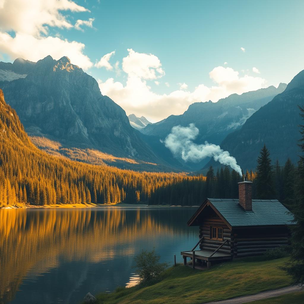 A serene landscape with towering mountains in the background, a crystal-clear lake reflecting the sky, and lush green forests