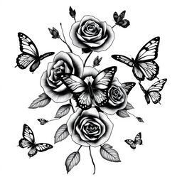 Full body black tattoo design featuring roses and butterflies