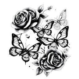 Full body black tattoo design featuring roses and butterflies