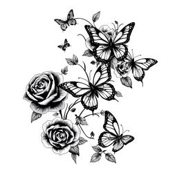 Full body black tattoo design featuring roses and butterflies