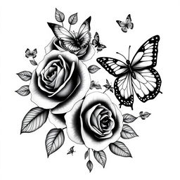 Full body black tattoo design featuring roses and butterflies