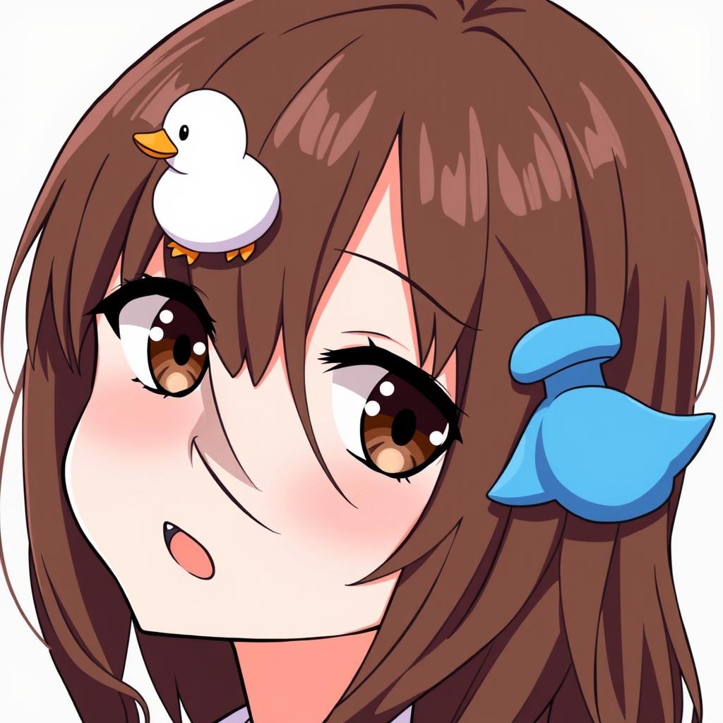 Anime-style illustration of a girl with brown loose hair accented by a whimsical blue duck hair clip