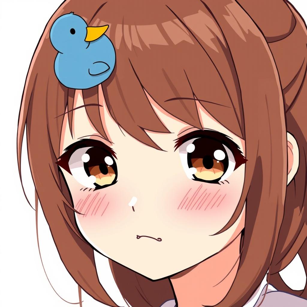 Anime-style illustration of a girl with brown loose hair accented by a whimsical blue duck hair clip