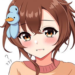 Anime-style illustration of a girl with brown loose hair accented by a whimsical blue duck hair clip