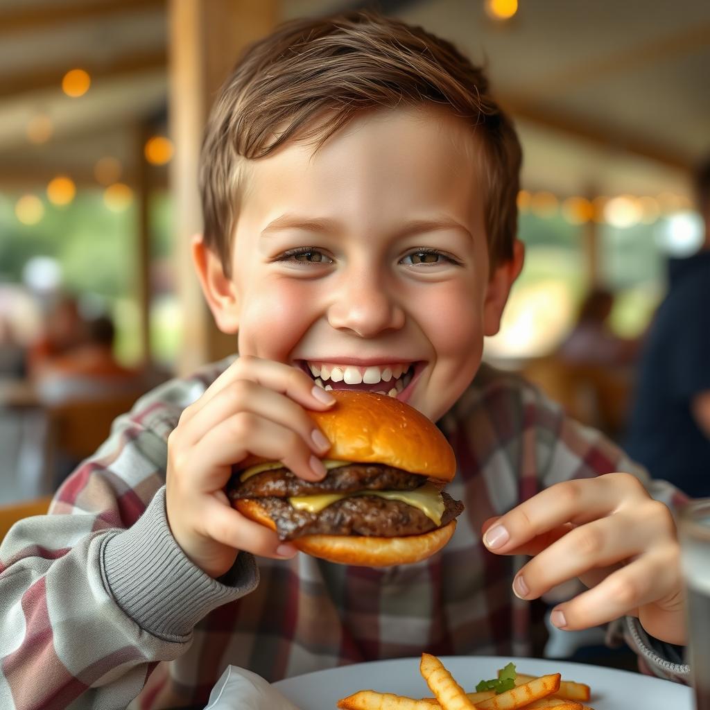 A joyful person with Down syndrome enjoying a hamburger