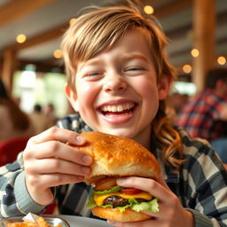 A joyful person with Down syndrome enjoying a hamburger