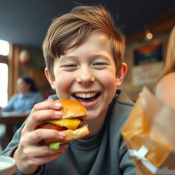 A joyful person with Down syndrome enjoying a hamburger