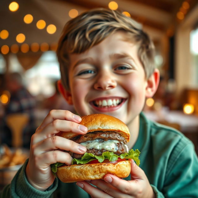 A joyful person with Down syndrome enjoying a hamburger