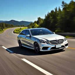 Mercedes-Benz E55 AMG accelerating down a scenic highway