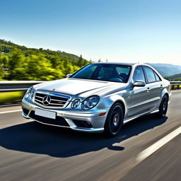 Mercedes-Benz E55 AMG accelerating down a scenic highway