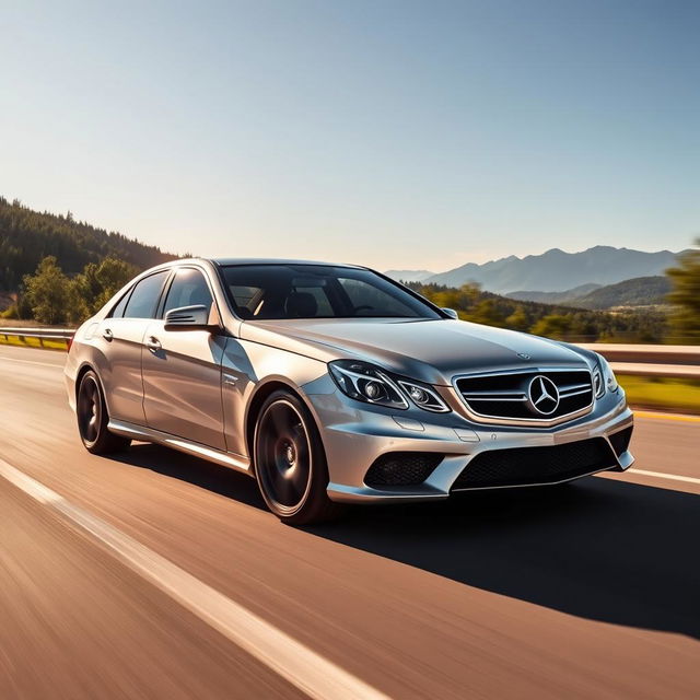 Mercedes-Benz E55 AMG accelerating down a scenic highway