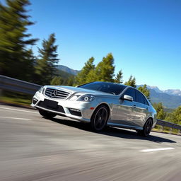 Mercedes-Benz E55 AMG accelerating down a scenic highway