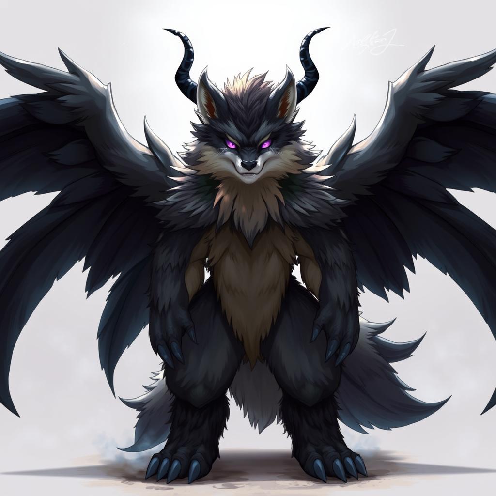 A majestic and powerful furry character, featuring large black wings and prominent horns