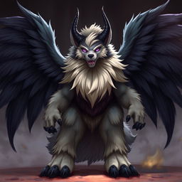 A majestic and powerful furry character, featuring large black wings and prominent horns