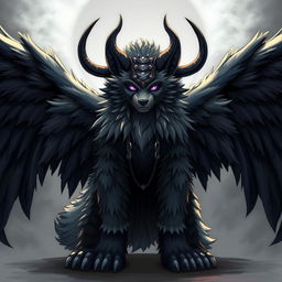 A majestic and powerful furry character, featuring large black wings and prominent horns