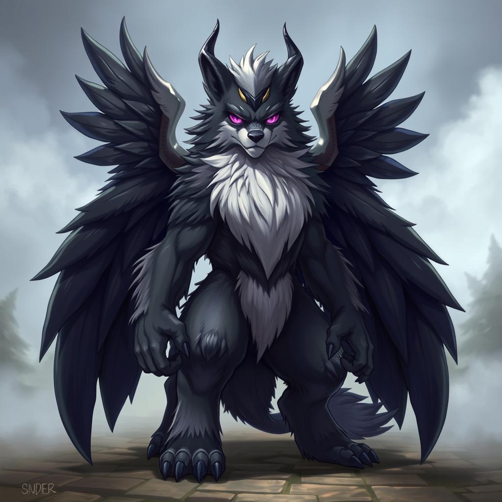 A majestic and powerful furry character, featuring large black wings and prominent horns