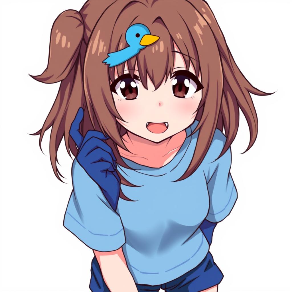 Anime-style illustration of a girl with loose brown hair, accented by a charming blue duck hair clip