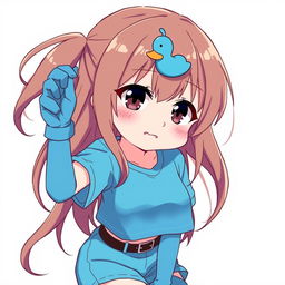 Anime-style illustration of a girl with loose brown hair, accented by a charming blue duck hair clip