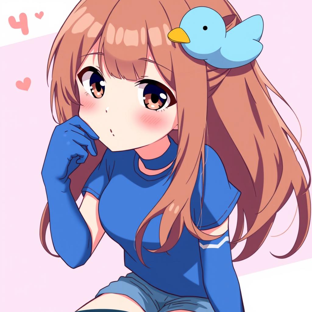 Anime-style illustration of a girl with loose brown hair, accented by a charming blue duck hair clip