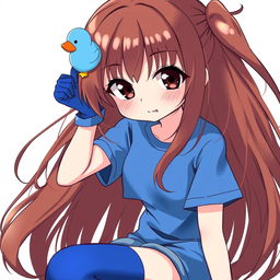 Anime-style illustration of a girl with loose brown hair, accented by a charming blue duck hair clip